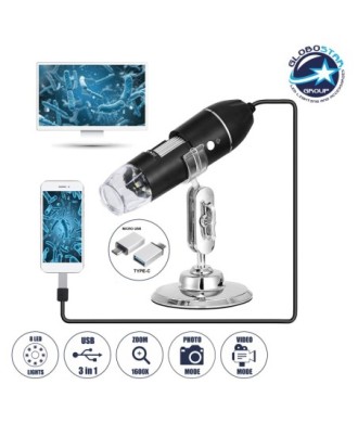 GLOBOSTAR® MICROCAM 79995 Ψηφιακό Ηλεκτρονικό Μικροσκόπιο - Κάμερα 2MP 1600x1200px με x1000 Zoom Mode & 8 LED DC 5V με USB-C IP20 - Μ3.5 x Π3.5 x Υ12cm - 2 Χρόνια Εγγύηση